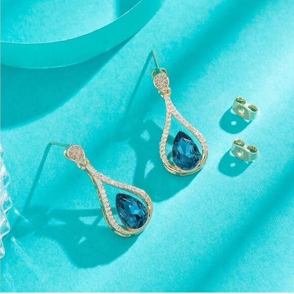 14K Yellow Gold with Blue Sapphire Austrian Crystal Halo Teardrop Post Earrings - Picture 4 of 6